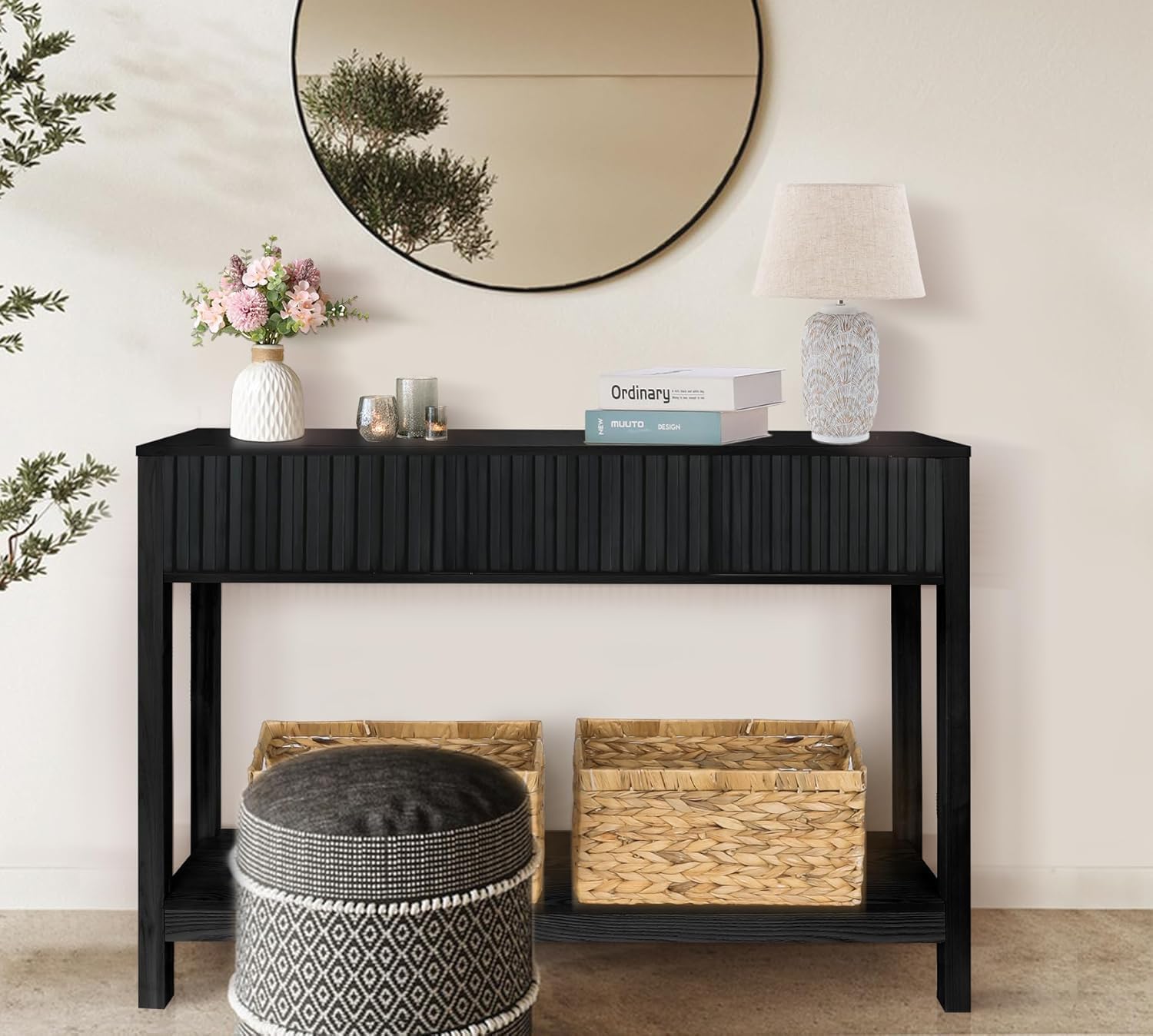 Fluted Console Table, Long Console Tables for Entryway 48' Vanity Desk, Black Boho Entry Table Narrow Modern Hallway Table Modern Sofa Table for Living Room