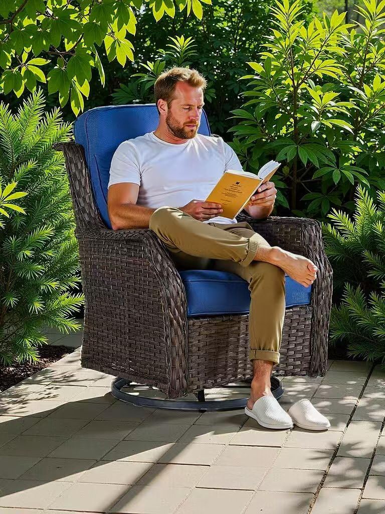 Outdoor Wicker Swivel Rocker Chair with 6-Inch Thick Cushions, High Back Patio Glider Chair, 360° Swivel & Rocking Motion for Porch, Deck, Balcony, Poolside, Brown/Blue