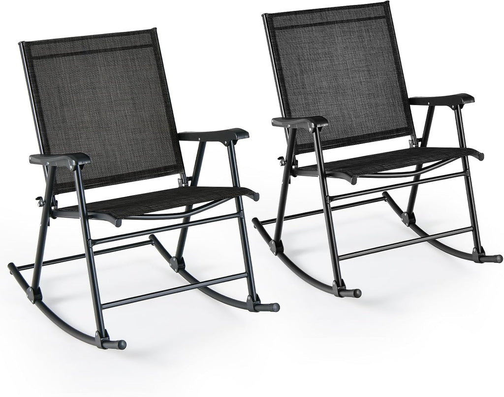 Tangkula Folding Rocking Chairs Set of 2, Patio Rockers with Breathable Seat Fabric & Sturdy Metal Frame, Smooth Rocking Motion, Heavy-Duty Outdoor Rocker for Backyard, Front Porch, Poolside