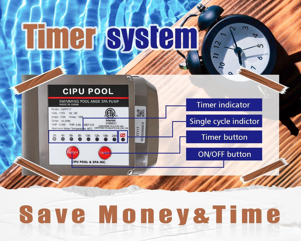 CIPU 0.35HP Pool Pump with Timer 2700GPH 115V Powerful Self Priming Above Ground Swimming Pool Pump with Filter Basket Low Noise for Pools Hot Tub Spa Water Circulation