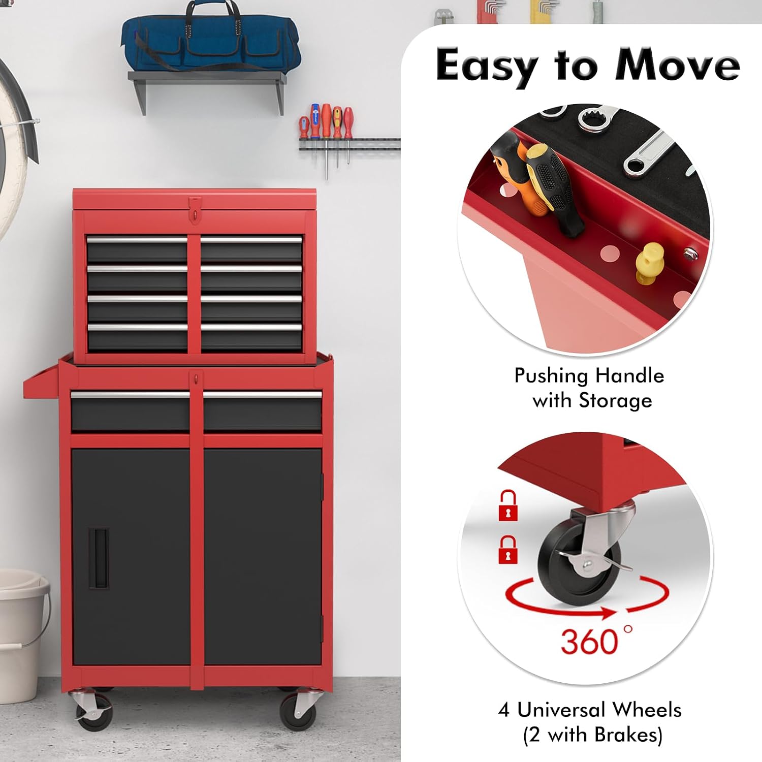Goplus Tool Chest, 5 Drawers Rolling Tool Cabinet with Detachable Top Toolbox, Universal Lockable Wheels, Lock Bar, Protective Liner & Tool Rack, Metal Tool Storage Cart, Tool Box for Garage Workshop