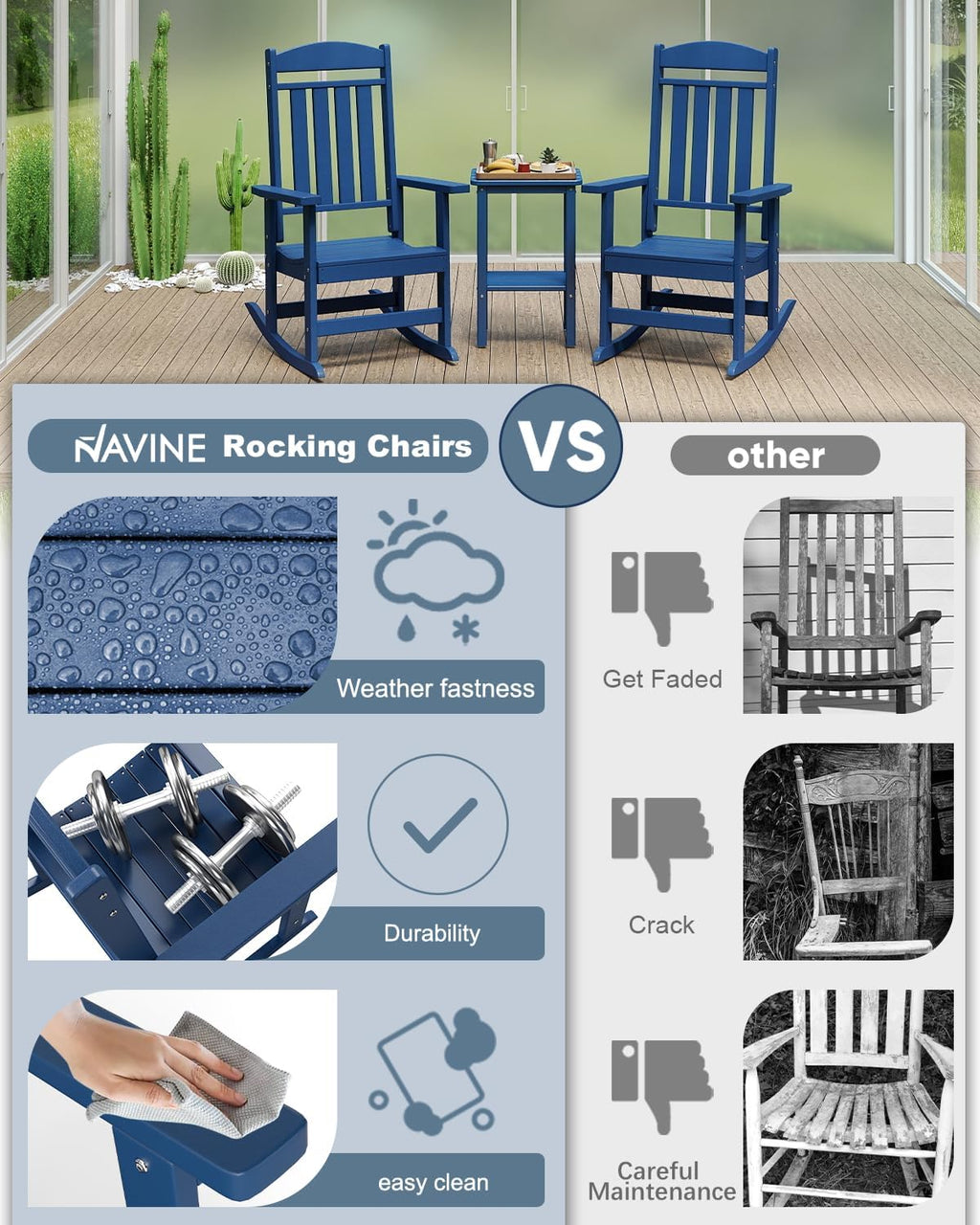 NAVINE 3-Piece Outdoor Rocking Chair Set, Oversized Porch Rocking Chair Set of 2 with Side Table, HDPE High Back Patio Rocking Chair, Suitable for Patio, Porch, Backyard, Navy Blue