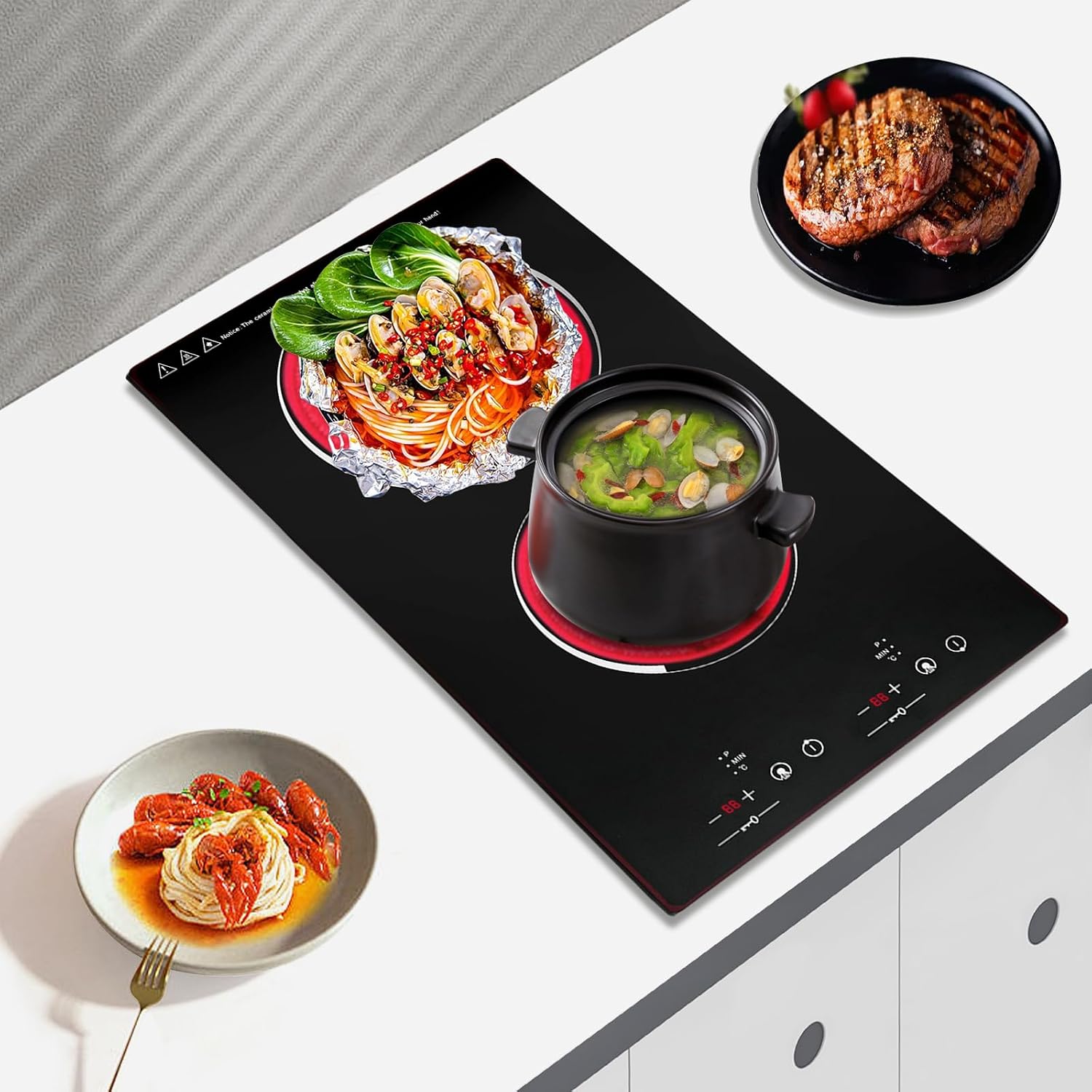 Electric Ceramic Cooktop 2 Burner, 1500W Induction Cooktop with 9 Power Levels, 140-482°F Temp Control & 120min Timer, Countertop Burner for All Pots, Black