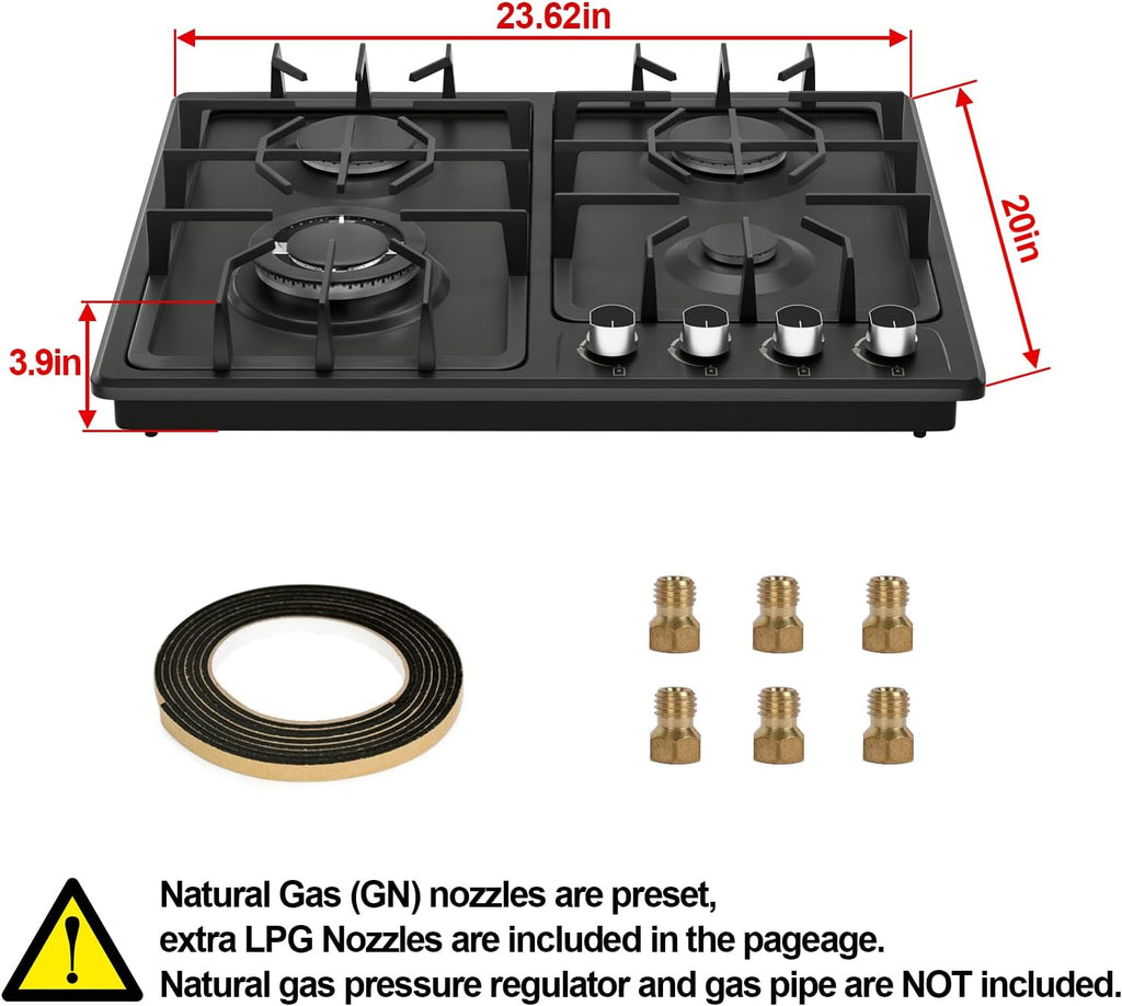 FVBADE 24inch 4 Burners Gas Cooktop Stainless Steel Built-in Gas Stove with NG/LPG Convertible Dual Fuel with Thermocouple Protection for Kitchen，Outdoor, Camping, RV