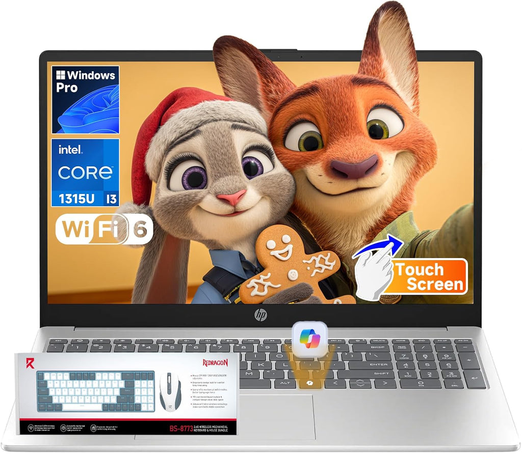 HP 15.6' Touch Screen Laptop 2026, 13th Gen Intel i3-1315U(Up to 4.5GHz), 15.6 inch Anti-Glare Display, Wins 11 Pro, Wi-Fi 6, AI Copilot for Business & School, Patented KB Kit (16GB RAM | 512GB SSD)