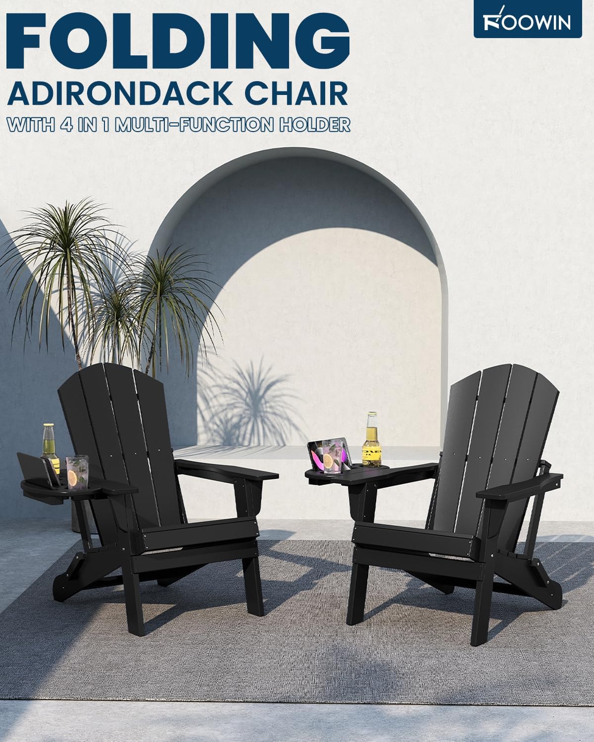 FOOWIN Folding Adirondack Chair, HDPE Adirondack Chairs with Cup Holder, Weather Resistant Plastic Fire Pit Chairs for Outdoor, Patio, Lawn, Garden, Backyard, Deck, Black
