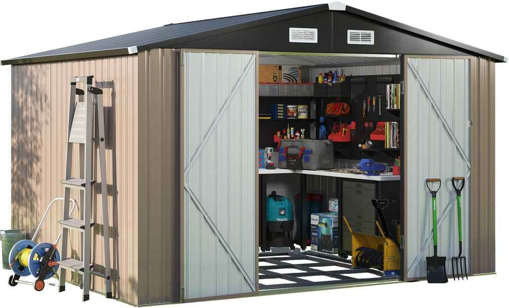 Outdoor Storage Shed 8x10 FT, Utility Steel Tool Shed with Lockable Door and Air Vents, Galvanized Metal Shed for Garden Backyard Patio Lawn (8' x 10') Brown,G37009-12