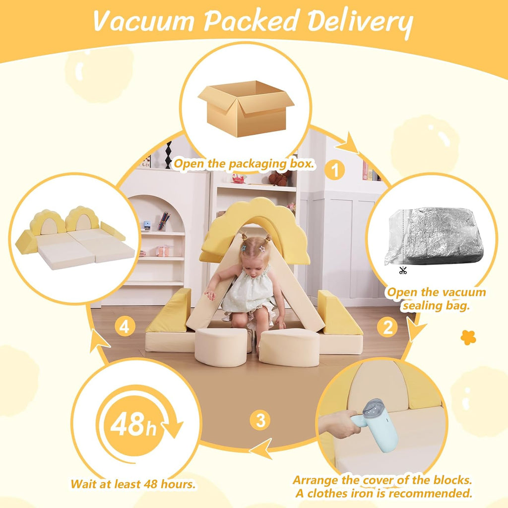 LOAOL Kids Couch 10PCS, Modular Kids Play Couch, Multifunctional Foam Toddler Sofa, Imaginative Convertible Play Sofa for Playroom(Medium Size, Yellow+Beige)
