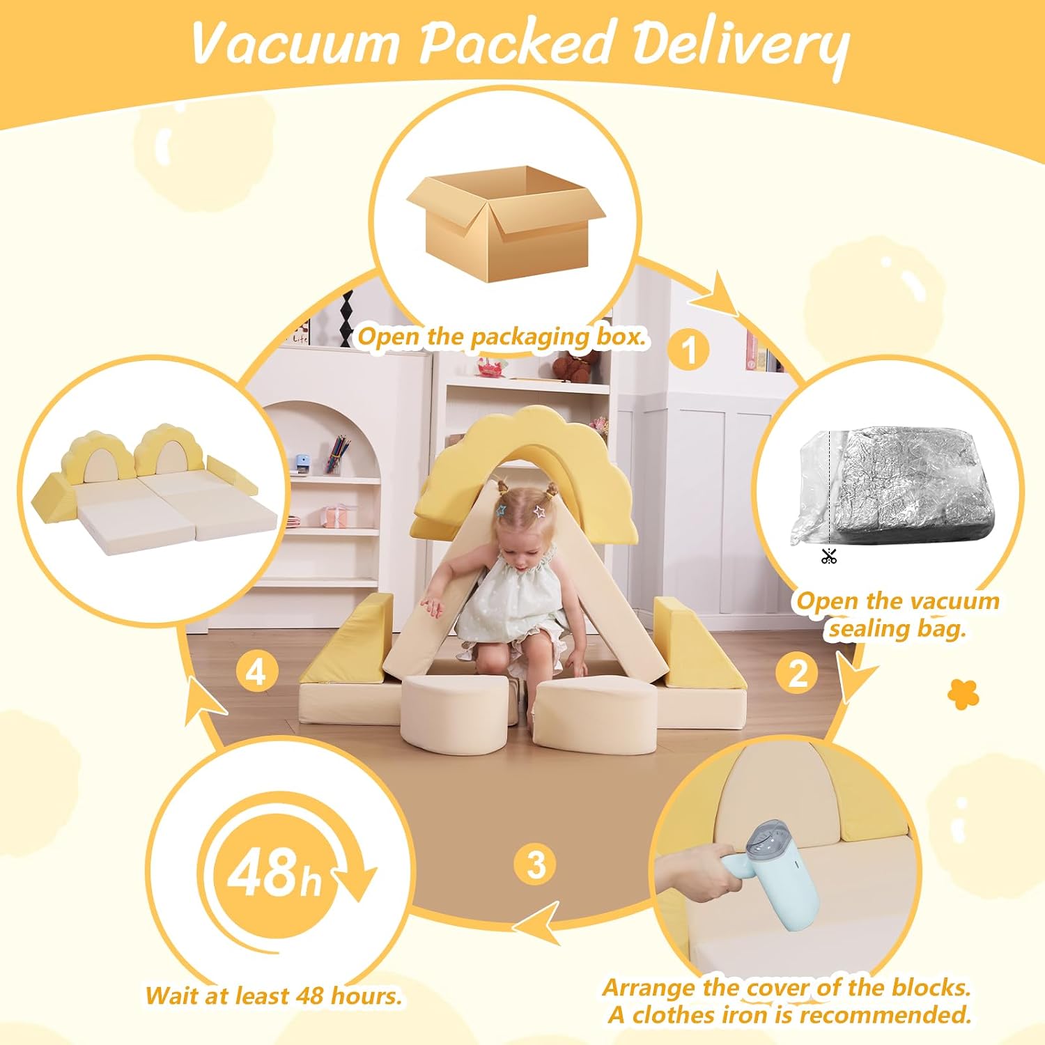 LOAOL Kids Couch 10PCS, Modular Kids Play Couch, Multifunctional Foam Toddler Sofa, Imaginative Convertible Play Sofa for Playroom(Medium Size, Yellow+Beige)