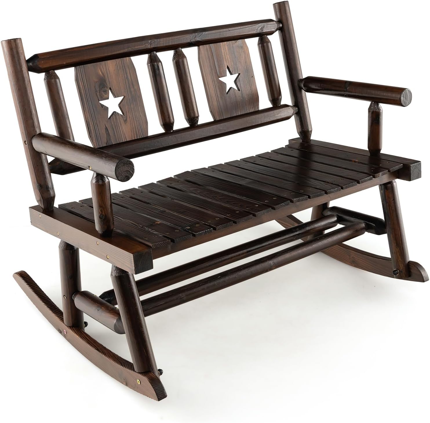 HAPPYGRILL Outdoor Wood Rocking Bench Carbonized Double Rocking Chair for 2 Persons with Wide Curved Seat, Porch Rocker for Porch, Garden, Backyard, 710LBS Capacity, Rustic Brown