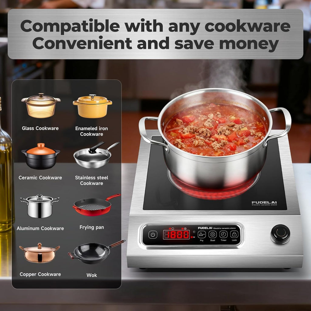 1800W Commercial Grade Induction Cooktop with 9 Power Levels - Infrared Electric Burner with EUROKERA Micro-Ceramic Panel, Timer, Safety Lock, for Restaurant, Home Kitchen Use