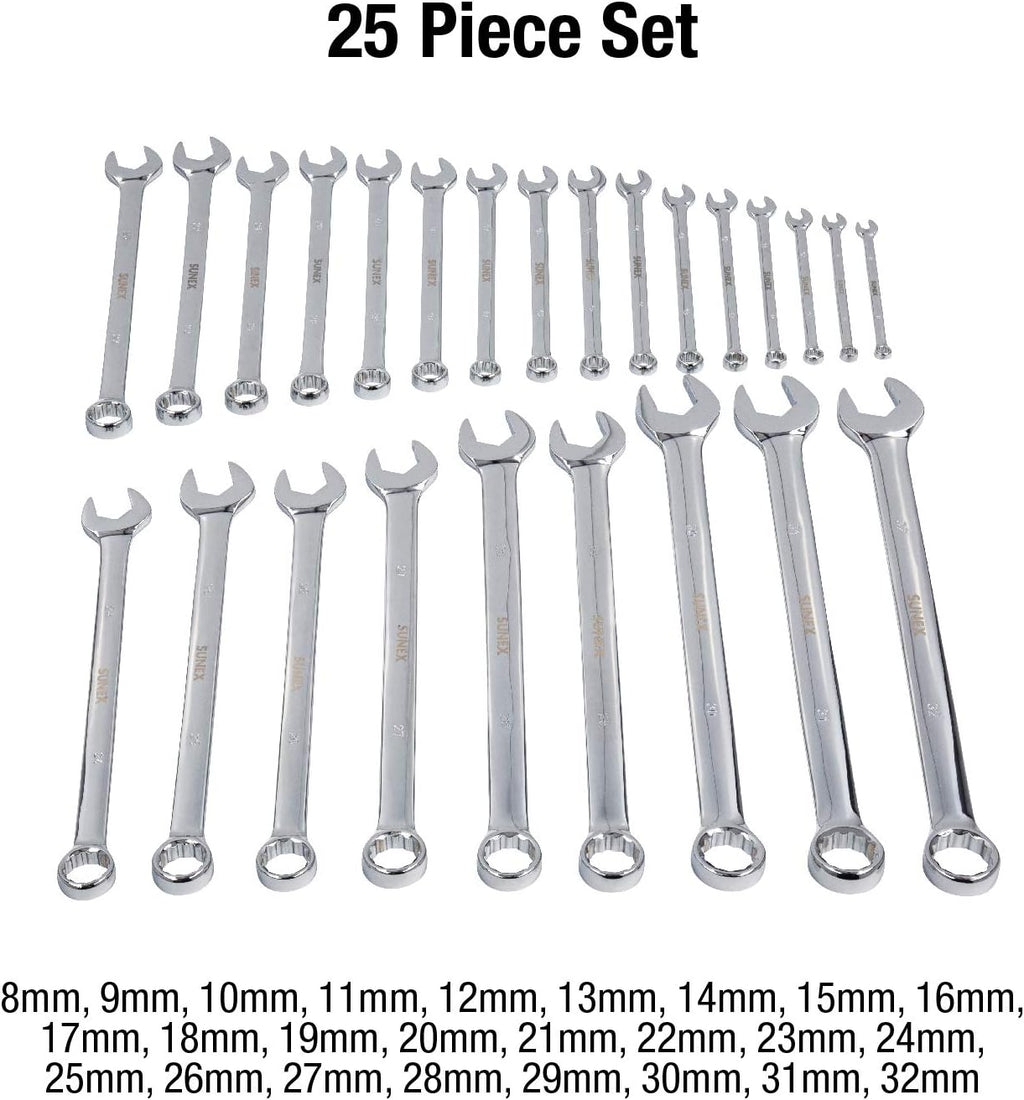 Sunex Tools 9917MPRA Metric V-Groove Combination Wrench Set, 8mm - 32mm, Fully Polished, 25-Piece (Includes Roll-Case)