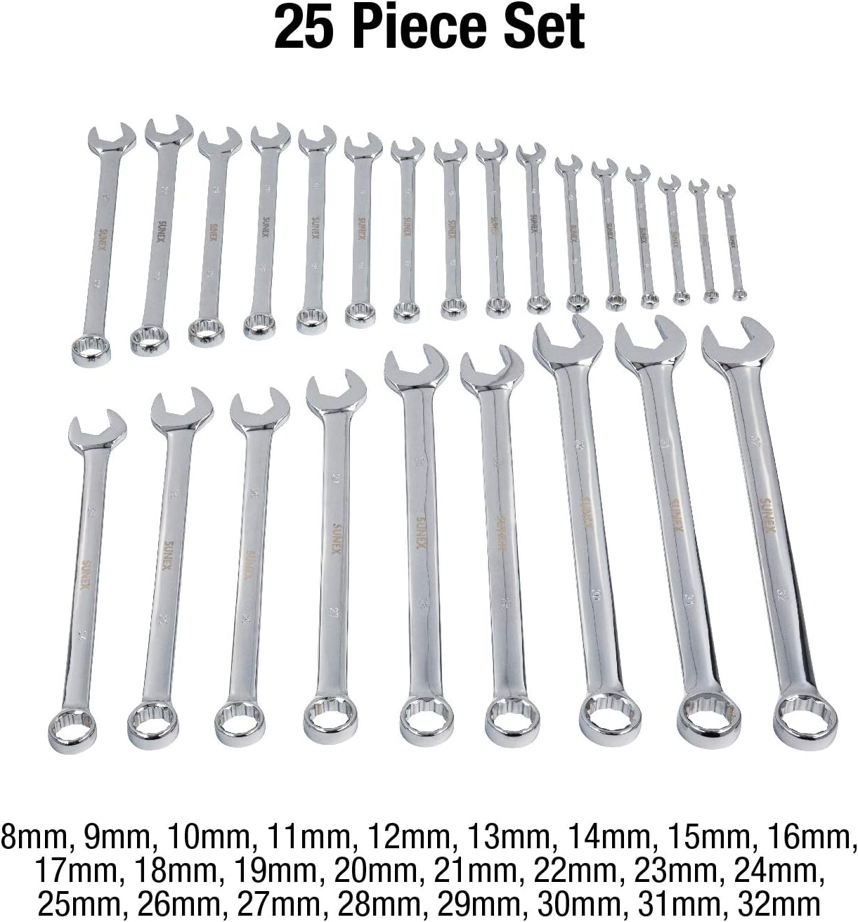 Sunex Tools 9917MPRA Metric V-Groove Combination Wrench Set, 8mm - 32mm, Fully Polished, 25-Piece (Includes Roll-Case)
