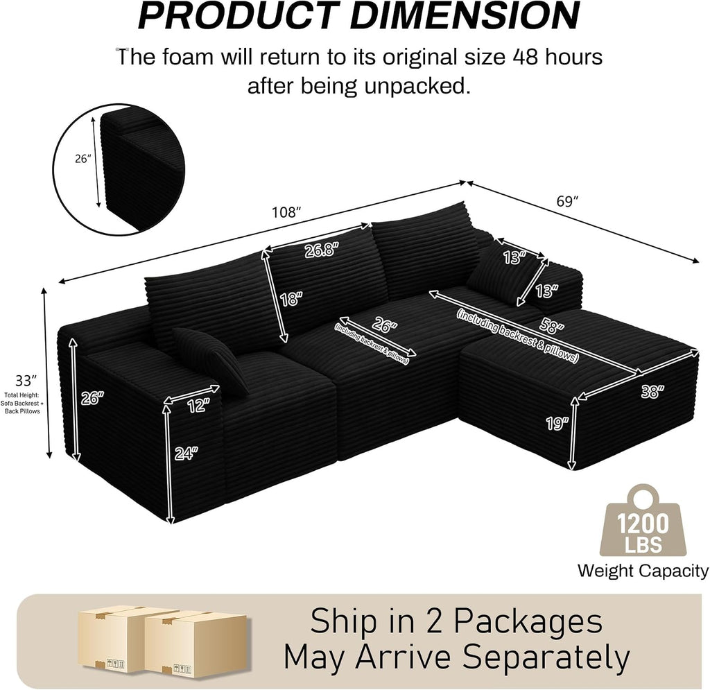108' Oversized L-Shaped Sectional Couches for Living Room, Comfy Fluffy Corduroy Black Boneless Cloud Couch with Ottoman, Plush Memory Foam Modular Sectional Sofa for Small Spaces