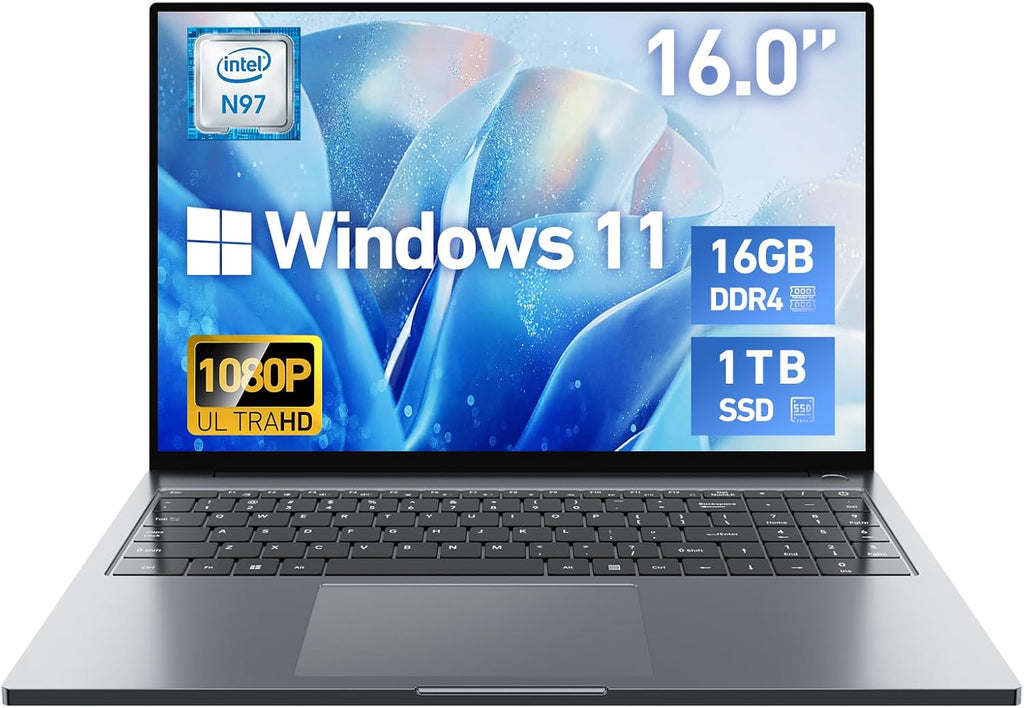2026 Latest 16'' Laptop Windows 11 Pro, 16GB RAM 1TB SSD, Intel Quad-Core Processor(3.60GHz), 1080p FHD Display, Backlit Keyboard, Fingerprint, WiFi5, Webcam, USB3.2 Gen1, Type-C, HDMI, Metal, Gray