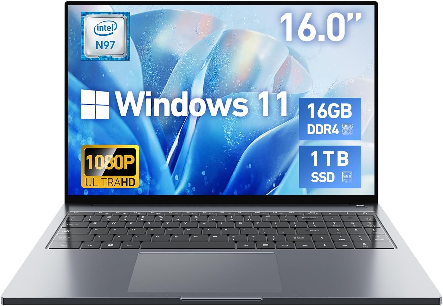 2026 Latest 16'' Laptop Windows 11 Pro, 16GB RAM 1TB SSD, Intel Quad-Core Processor(3.60GHz), 1080p FHD Display, Backlit Keyboard, Fingerprint, WiFi5, Webcam, USB3.2 Gen1, Type-C, HDMI, Metal, Gray