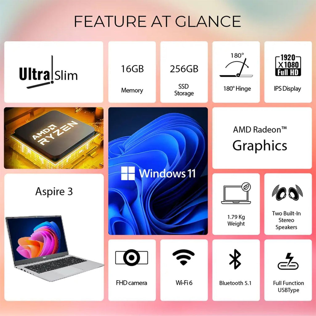 acer Aspire 3 Premium Laptop with Backlit Keyboard | AMD Ryzen 5 7530U CPU | 15.6 FHD IPS Display | 16GB RAM | 256GB PCIe SSD | Wi-Fi 6 | Sleek & Portable | Type-C | Windows 11 Pro