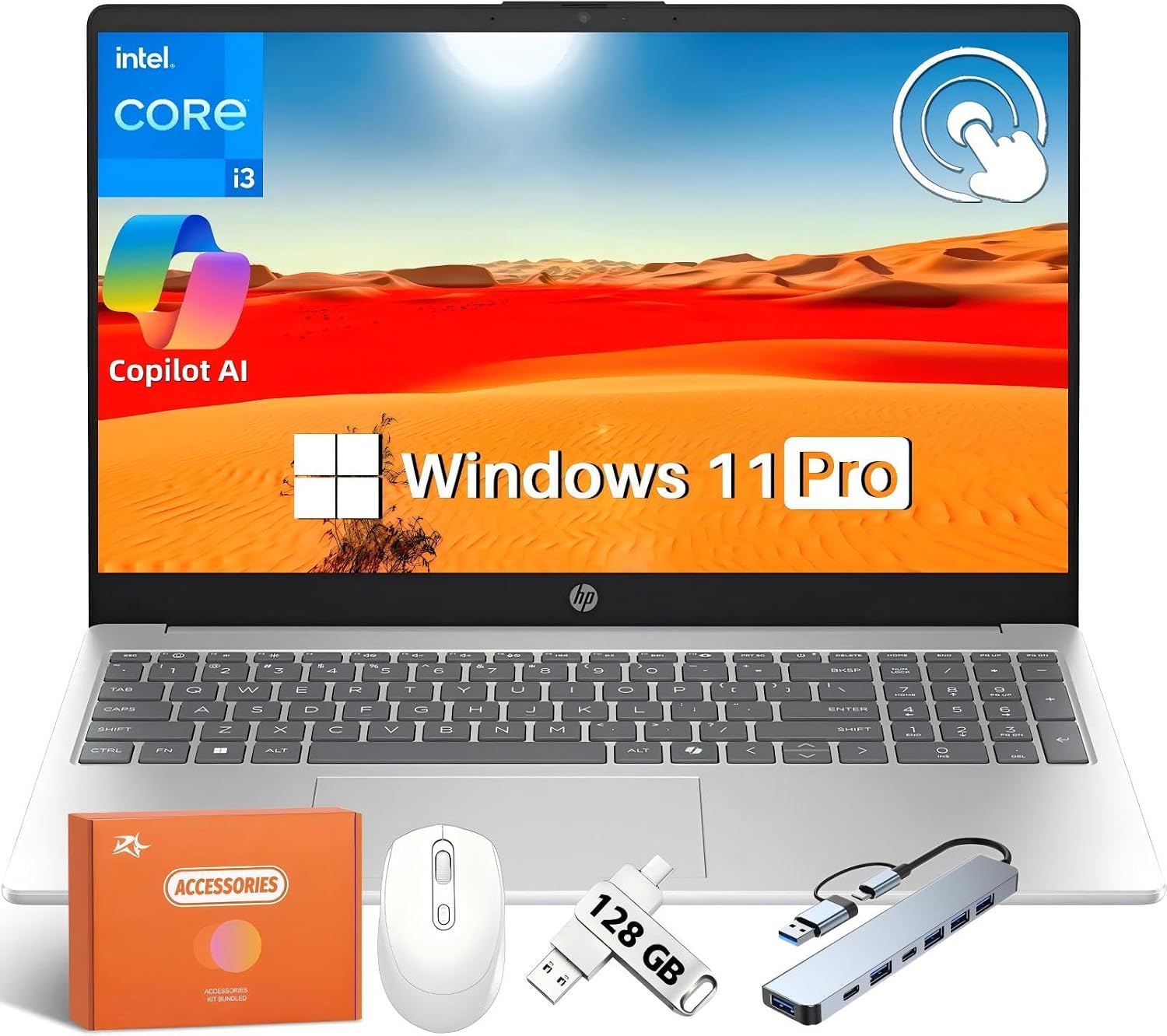 HP 2025 15.6' Touchscreen Laptop Computer, Copilot AI PC, Intel 13th Core i3-1315U, 64 GB RAM, 2 TB SSD, Intel UHD Graphics, Long Battery Life, Fast Charge, Wi-Fi 6, BT, Windows 11 Pro, Accessories