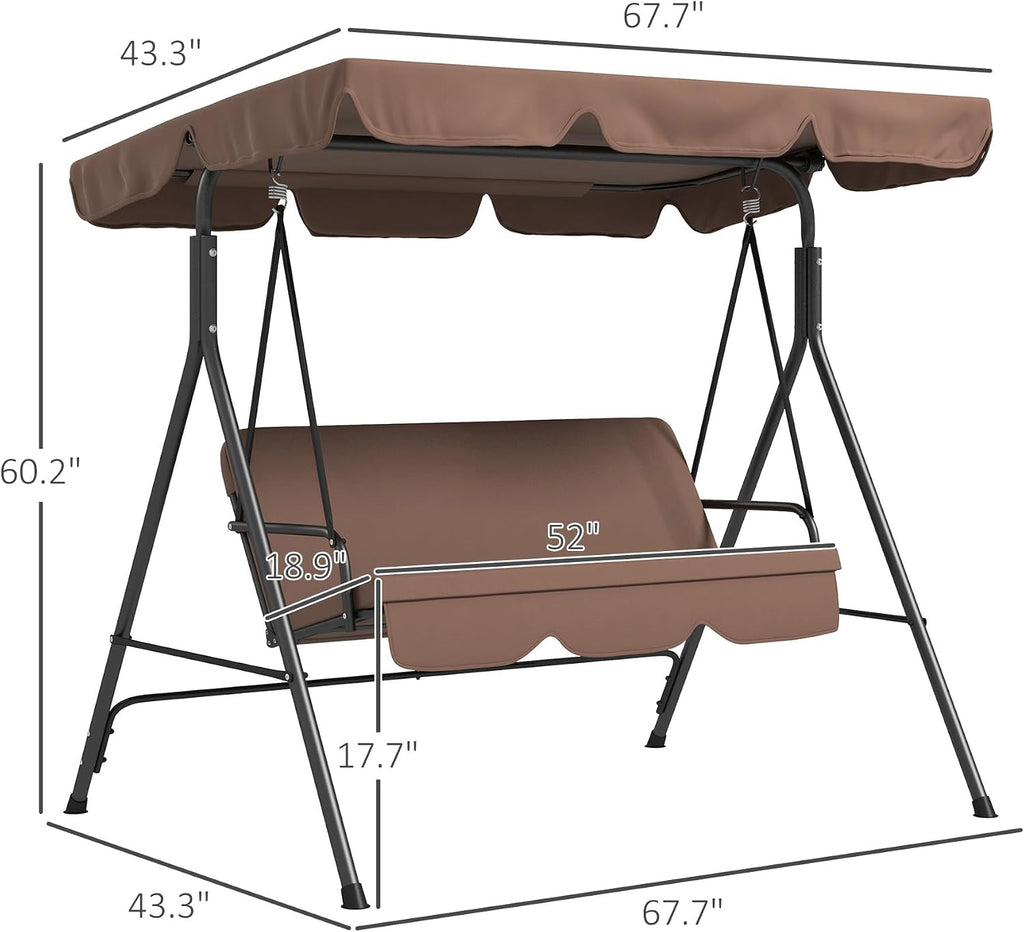 Outsunny 3-Seat Outdoor Patio Swing Chair with Removable Cushion, Steel Frame Stand and Adjustable Tilt Canopy for Patio, Garden, Poolside, Balcony, Backyard, Brown