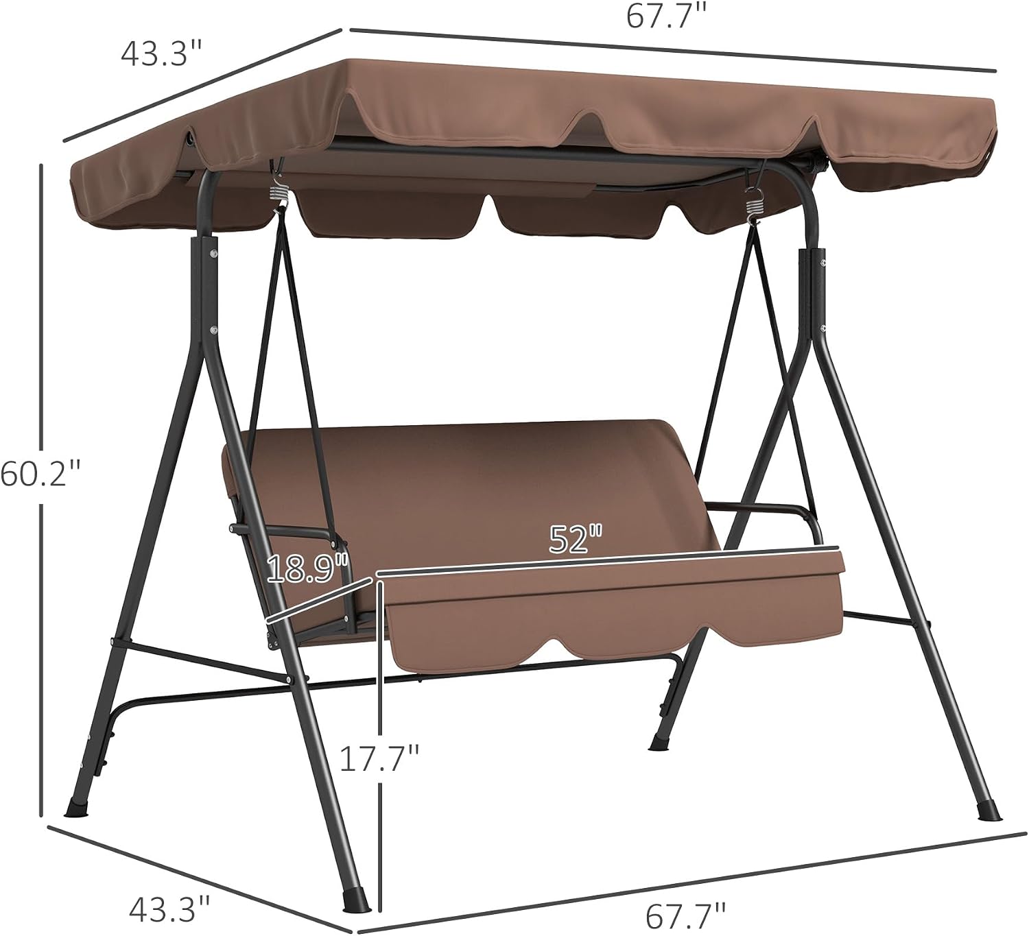 Outsunny 3-Seat Outdoor Patio Swing Chair with Removable Cushion, Steel Frame Stand and Adjustable Tilt Canopy for Patio, Garden, Poolside, Balcony, Backyard, Brown