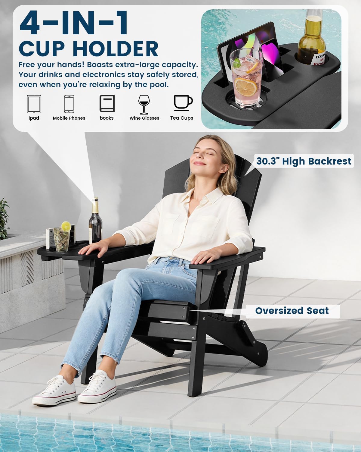 FOOWIN Folding Adirondack Chair, HDPE Adirondack Chairs with Cup Holder, Weather Resistant Plastic Fire Pit Chairs for Outdoor, Patio, Lawn, Garden, Backyard, Deck, Black