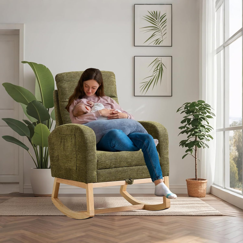 Rosevera Nursery Rocking Chair with Adjustable Footrest for Living Room - Teddy Fabric, Solid Wooden Legs, Comfortable Lounge Armchair with High Backrest and Side Pockets (Contemporary, Cyan-1 line)