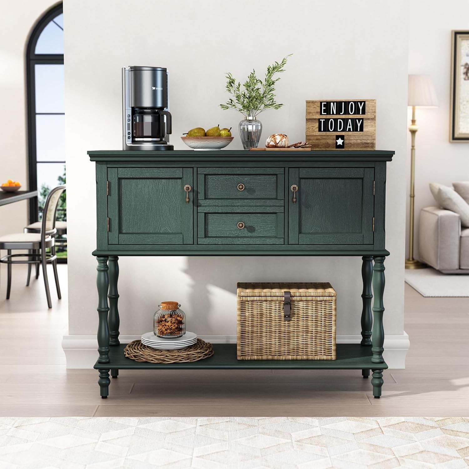 ARTPOWER Console Table with 2 Drawers, Retro Entryway Table with 2 Door Cabinets and Open Storage Shelf, Narrow Long Behind Couch Sofa Table for Living Room, Foyer, Hallway, Green