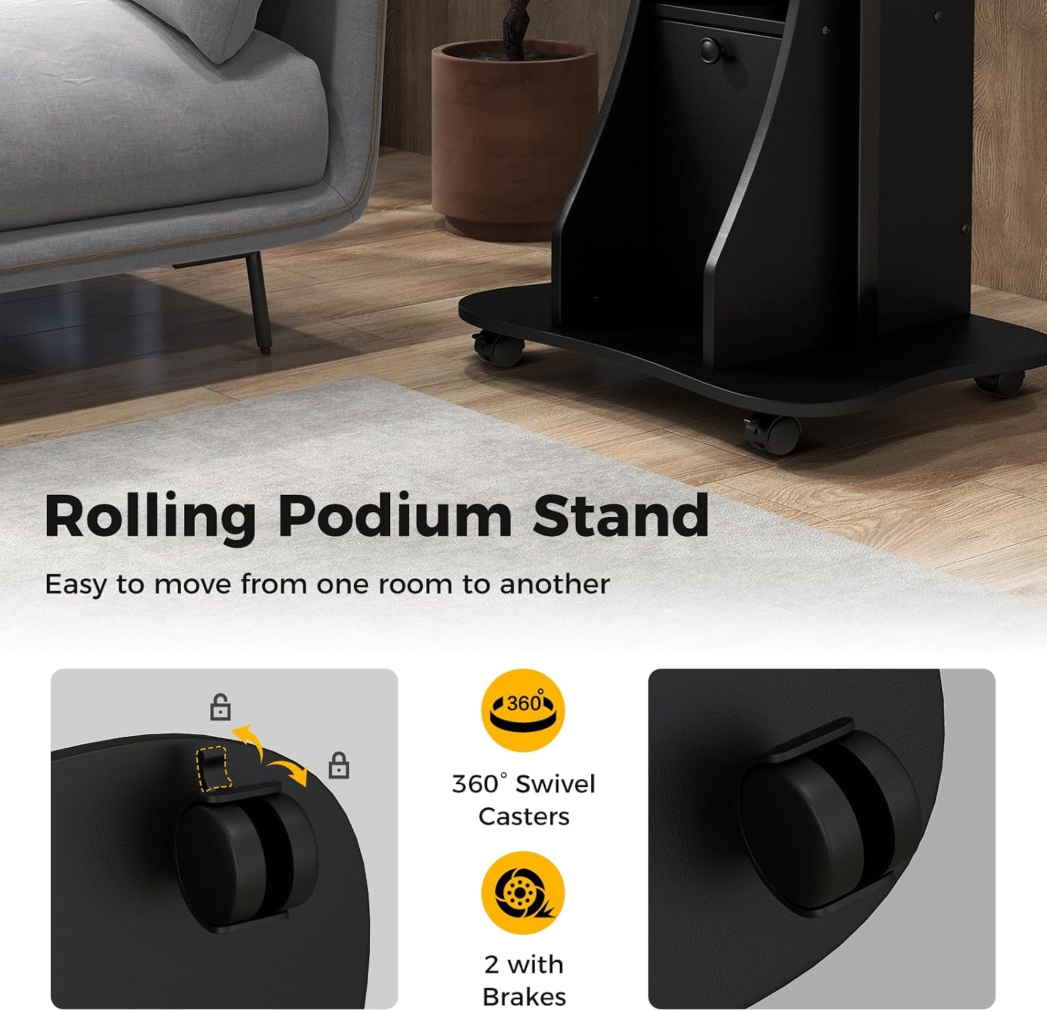 Giantex Mobile Podium Stand, Sit-to-Stand Laptop Cart with Tilting Tabletop & Storage Cabinet, Lockable Casters, Height-Adjustable Rolling Lectern for Classroom, Church, Home Office (Black, 2 Pack)