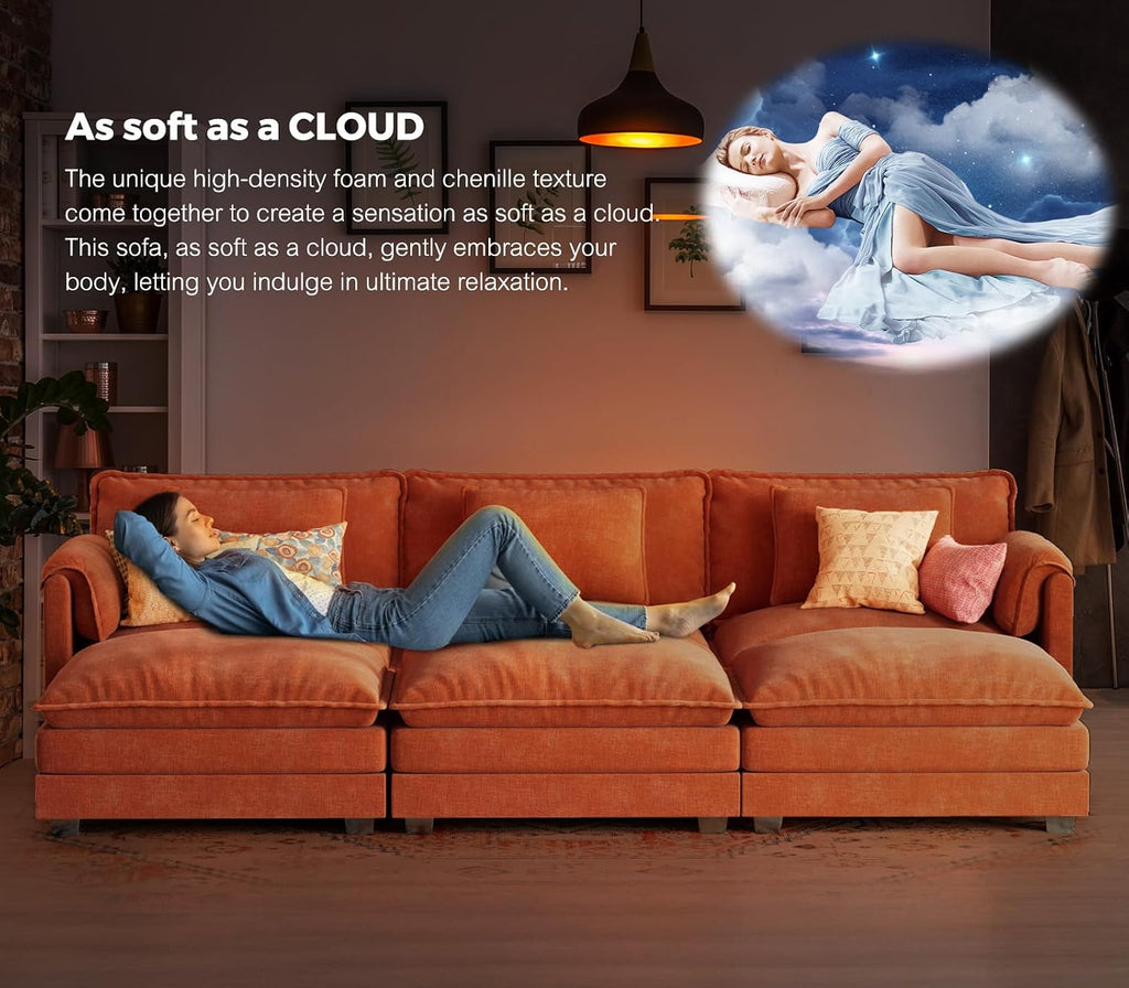 ELUCHANG 113' Luxury Modular Sectional Sofa, Comfy Deep Seat Cloud Couch, Sleeper Sofa Bed, 6 Seat Modern Couch with Removable Cover for Living Room, Apartment, DIY Combination, Chenille Terracotta