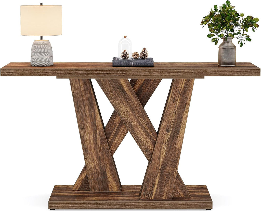 Tribesigns 55-Inch Farmhouse Console Table, Farmhouse Behind The Couch Table TV Stand with Geometric Base, Skinny Sofa Table Entryway Table for Entrance, Living Room, Hallway, Foyer, Rustic Brown