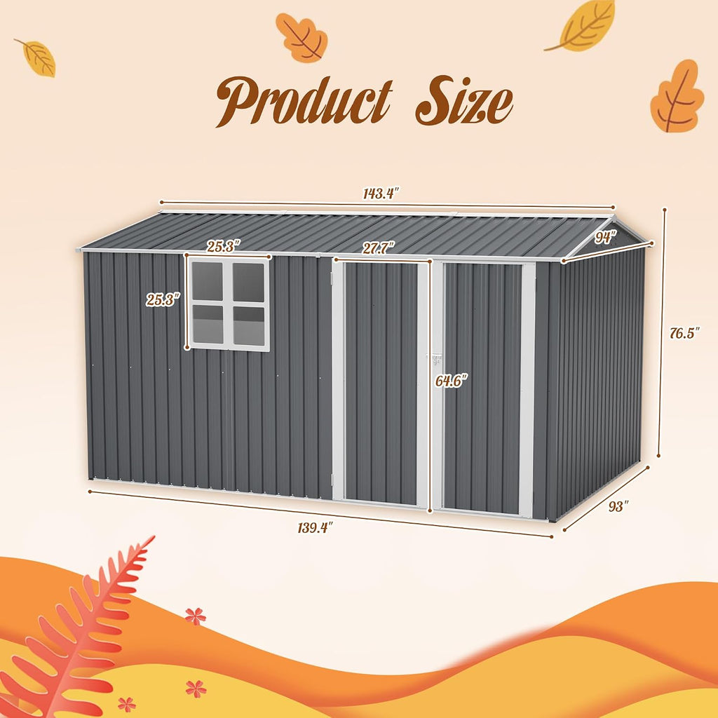 8X12 FT Outdoor Storage Shed,Metal Shed with Window,Floor Frame & Lockable Door,Garden Tool House with Vents & Sloped Roof,Waterproof Outside Storage Building for Backyard, Patio