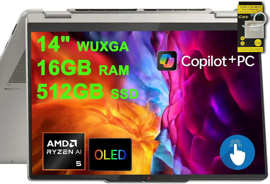 Lenovo Yoga 7 2-in-1 Laptop 14' WUXGA OLED Touch (100% DCI-P3, 600nits HDR) AMD 6-core Ryzen AI 5 340 (Up to 50 Tops) 16GB RAM 512GB SSD for Creator Business Professional Win11 ICP Hub