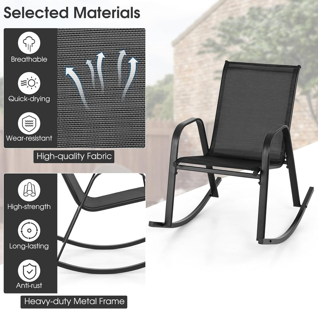 Giantex Outdoor Rocking Chairs Set of 2, Patio Rocking Chairs w/Breathable Seat & Back, Heavy-Duty Metal Support, Ergonomic Outside Rocker for Backyard, Poolside, Garden (2, Black)