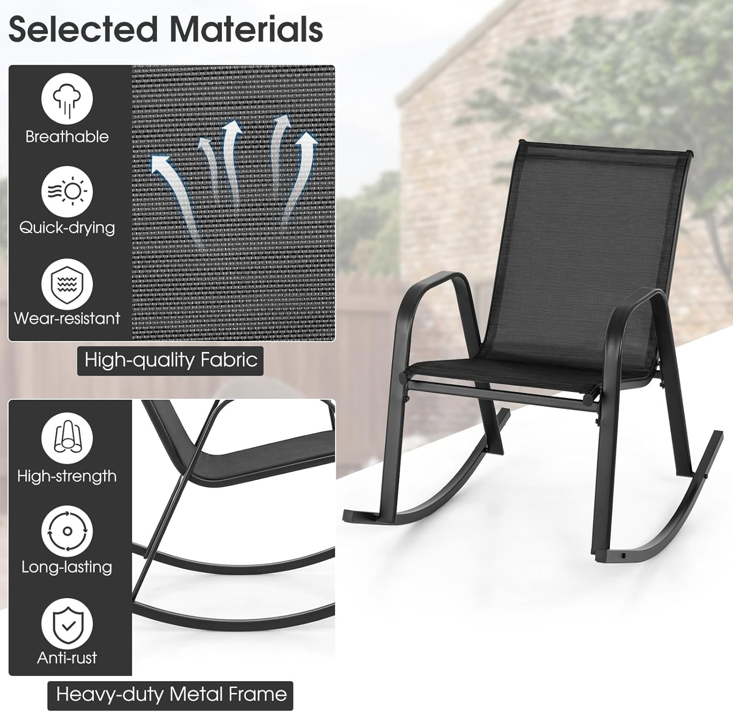 Giantex Outdoor Rocking Chairs Set of 2, Patio Rocking Chairs w/Breathable Seat & Back, Heavy-Duty Metal Support, Ergonomic Outside Rocker for Backyard, Poolside, Garden (2, Black)