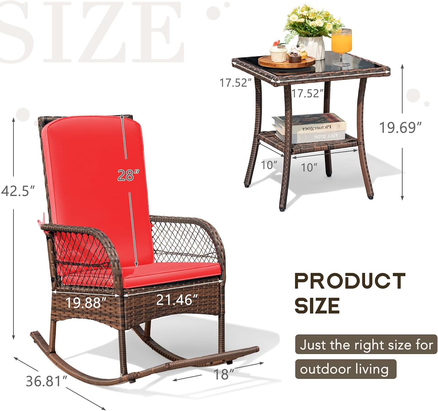 Devoko Outdoor Rocking Chairs 3 Piece Patio Furniture Set with Side Table & Cushions, Wicker Porch Rocker Bistro Set High Back for Balcony, Backyard, Garden (Red)