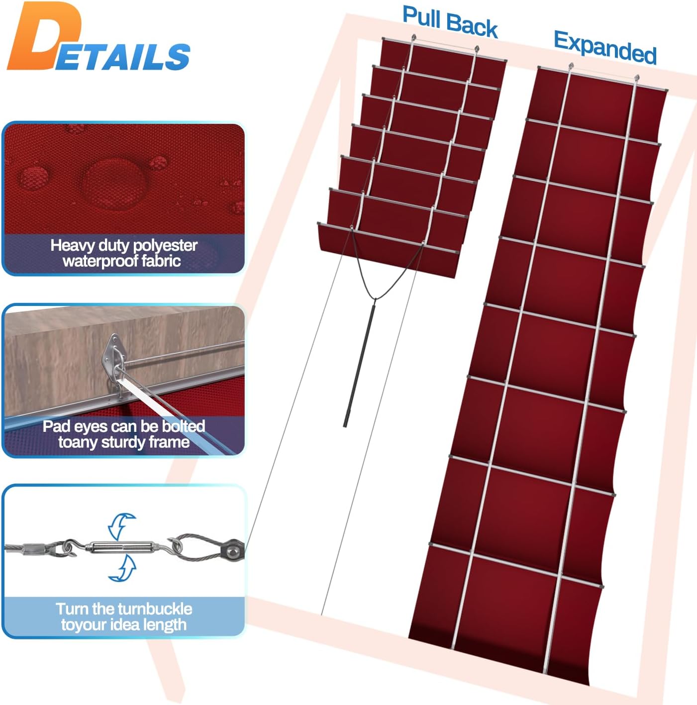 TANG 3' x 16' Waterproof Pergola Shade Cover Retractable Sun Shades Outdoor Patio Pergolas Canopy Replacement Pergola Kit, Wave Shade Sail with Hardware Wire Cable, Red
