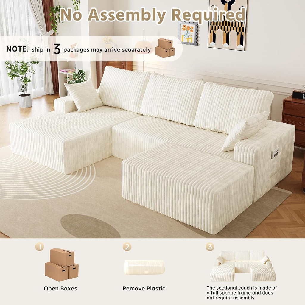 L Shapes Boneless Cloud Couches for Living Room 4-Seat Modular Sectional Couch with Chaise Lounge, Comfy Flannel Fabric Sofa, Including Pillow and Backrest - Removable Washable, No Assembly Required