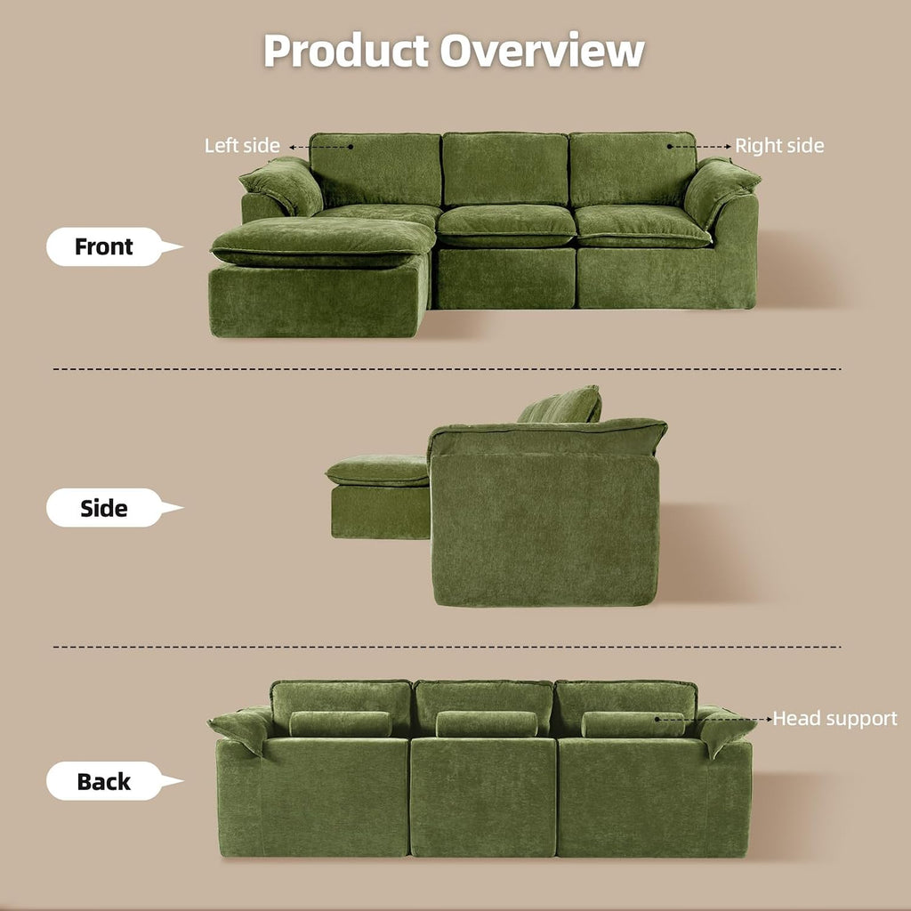 HALLYBEE 112' Cloud Couch Sectional with Padded Armrests & Moveable Ottoman Boneless Sectional Couches for Living Room Green Couch, No Assembly Required