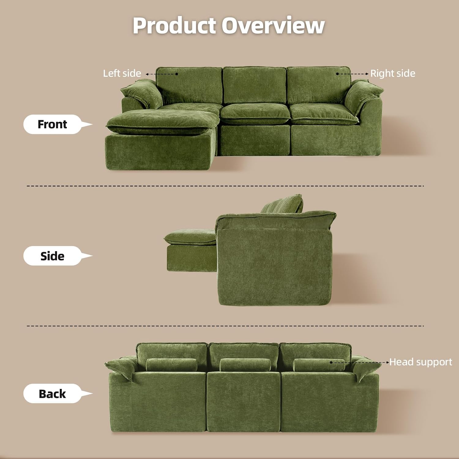 HALLYBEE 112' Cloud Couch Sectional with Padded Armrests & Moveable Ottoman Boneless Sectional Couches for Living Room Green Couch, No Assembly Required
