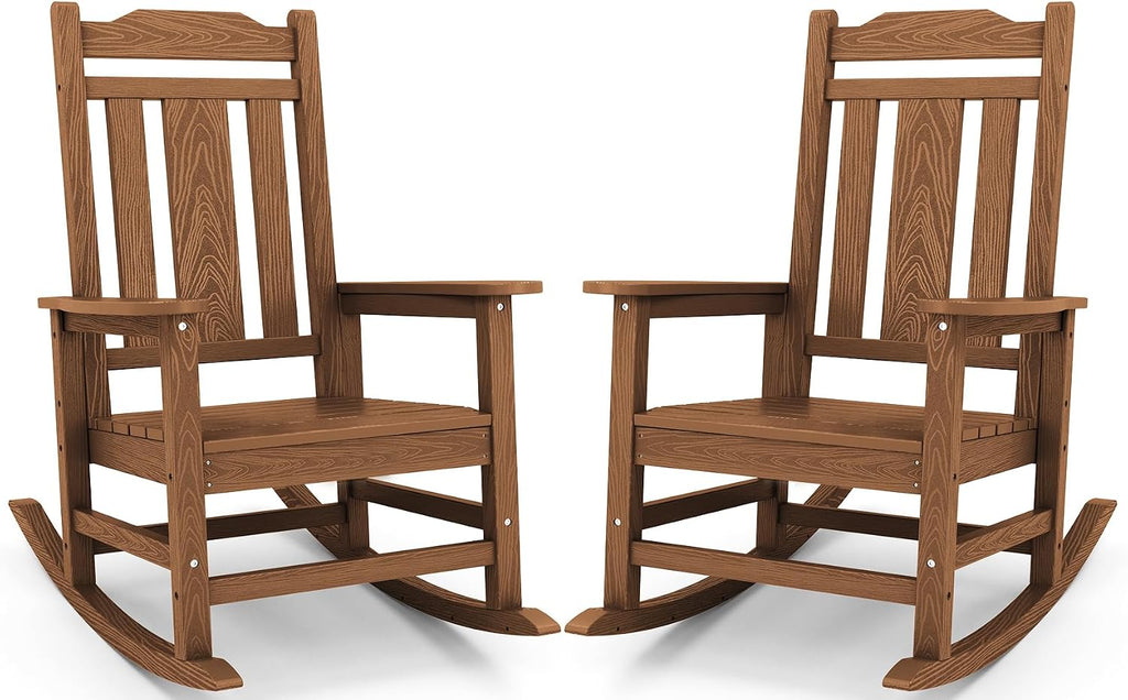 SERWALL Oversized Rocking Chair Set of 2 Outdoor, HDPE Outdoor Rocking Chair Set of 2, Brown