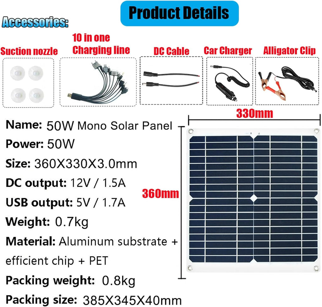 Solar Panel Kit with Inverter and Charge Controller - 50W 12V Off-Grid Solar Generator for Home, RV, Camping, 3000W Power Solution