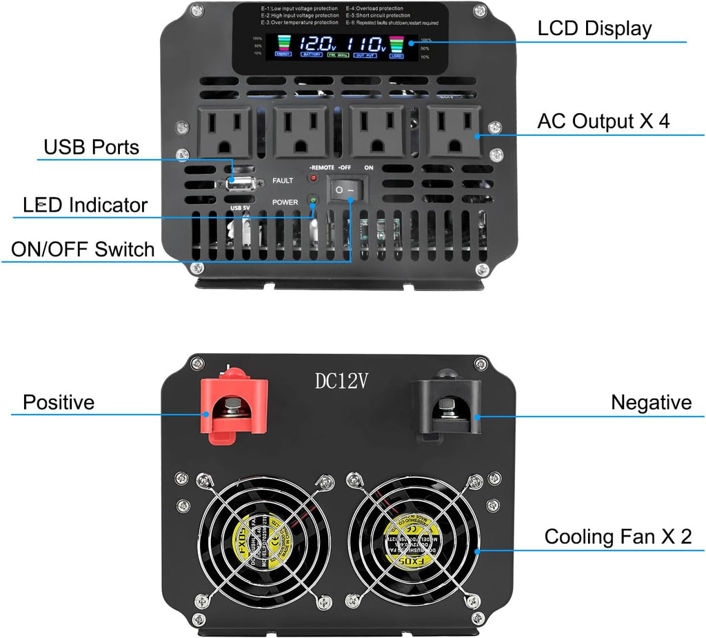 LVYUAN 3000 Watt Power Inverter 12V to 110V 120V DC to AC with 4 AC Outlets, LCD Display, USB Port & Remote Control for Home, RV, Vehicle, Truck, Off-Grid Solar System, Heavy Duty Outdoor Camping