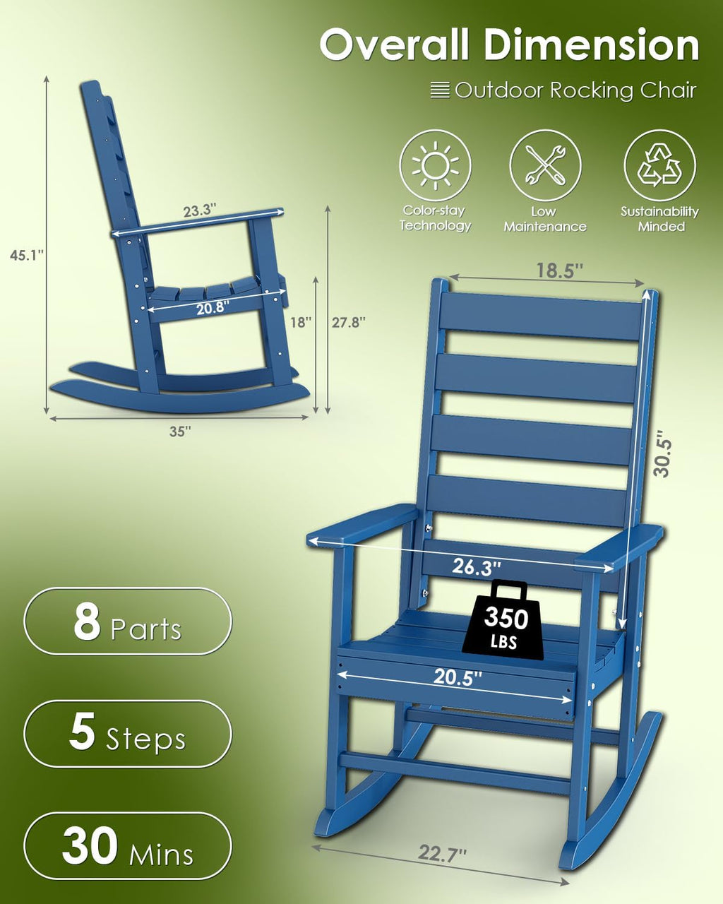 GREENVINES Outdoor-Rocking-Chairs-Set-of-2 | HDPE Plastic | Patio Rockers | Porch Rocker Chair | Shaker | Oversized | High Ladder Back | Big & Tall | PentaLuxe | Blue