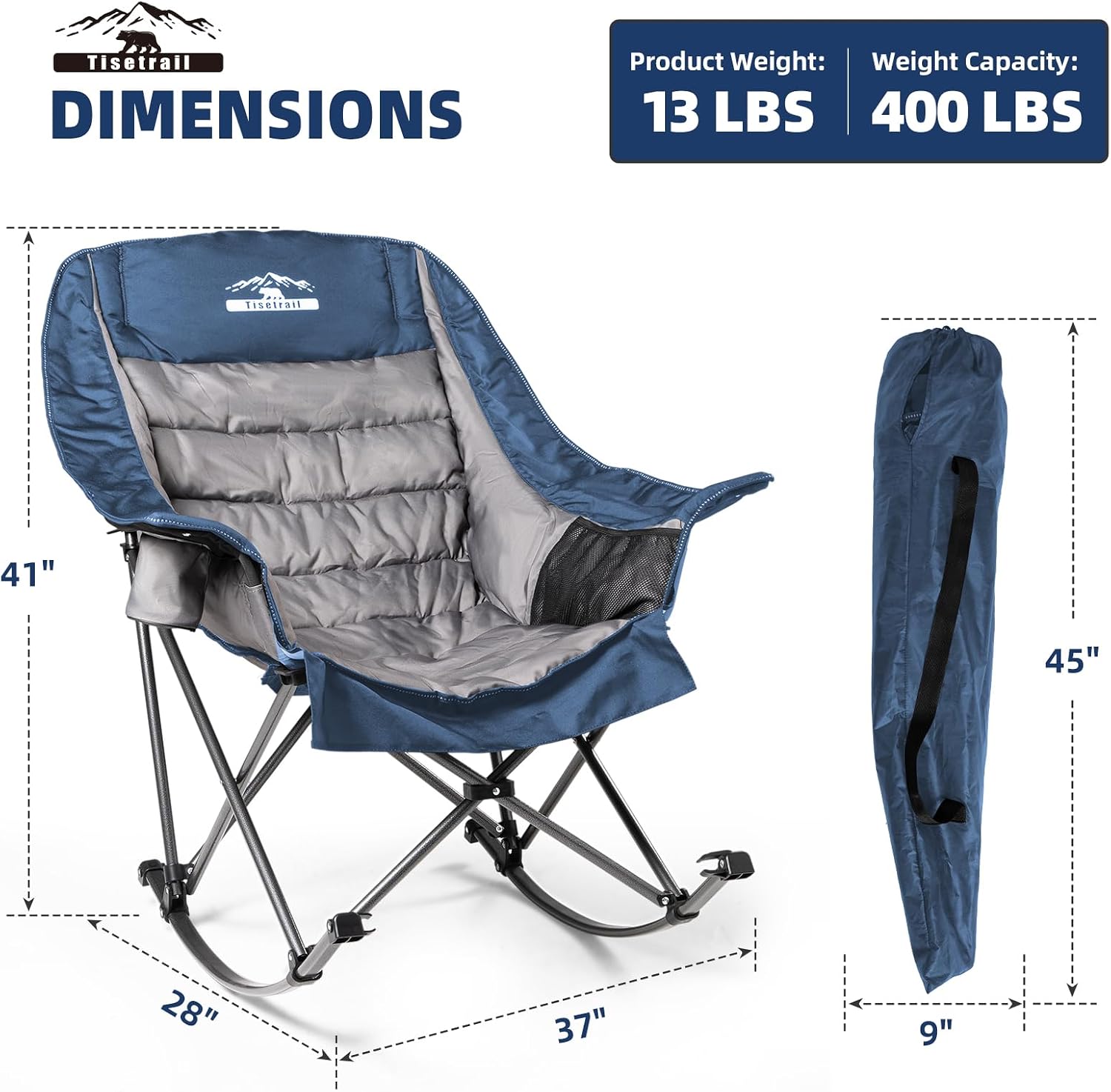 Oversized Rocking Camping Chair, Fully Padded Camp Chairs for Adults with Side Pocket and Cup Holder, Heavy-Duty 400lbs Capacity, Blue & Gray