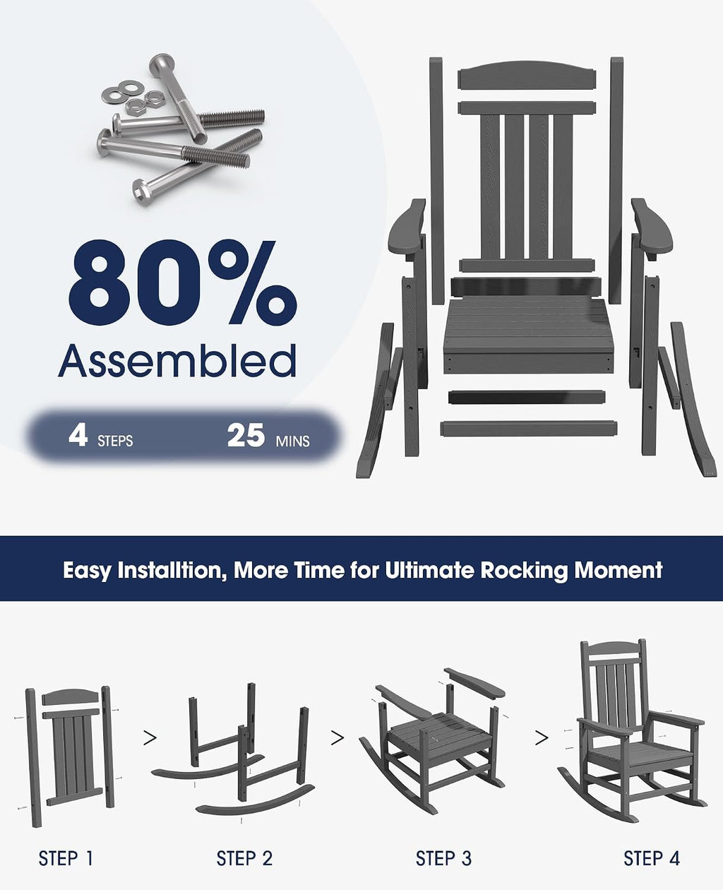 KINGYES Oversized Outdoor Rocking Chair with Cushion, All-Weather Patio Rocking Chairs, HDPE Porch Rocker for Adults, 350 lbs Capacity, Grey Chair with Flower Cushion