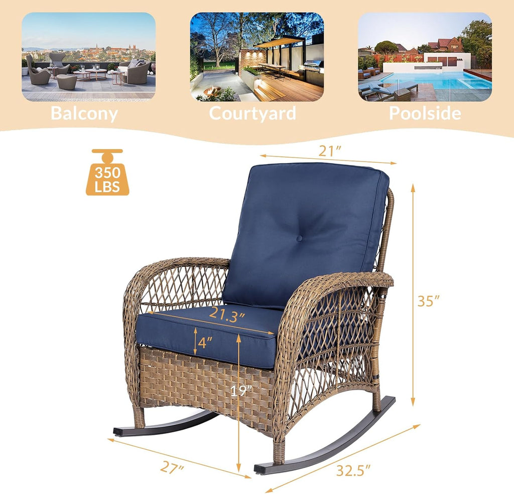 Outdoor Wicker Rocking Chair with Thickened Cushions, All-Weather Rattan Patio Rocking Chairs, Patio Wicker Rocker Chair for Backyard, Beige, Set of 2, Navy Blue