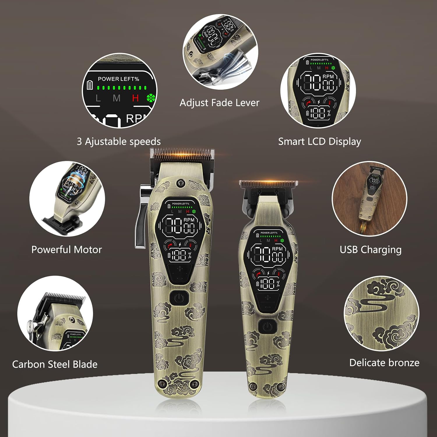 Beatslm Hair Clippers for Men Professional, T-Blade Hair Trimmer for Men, Electric Shaver Razor, Beard Trimmer, 3 in 1 Cordless Barber Clippers and Trimmers Set, Haircutting Kit LCD Display (Bronze)