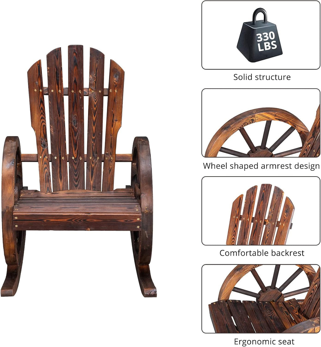 Outvita Adirondack Rocking Chair Set of 2, Wood Wagon Rocker, Outdoor Wooden Carbonized Lounge Chairs with Wheel Armrest for Garden Patio Country Yard Porch, Fir