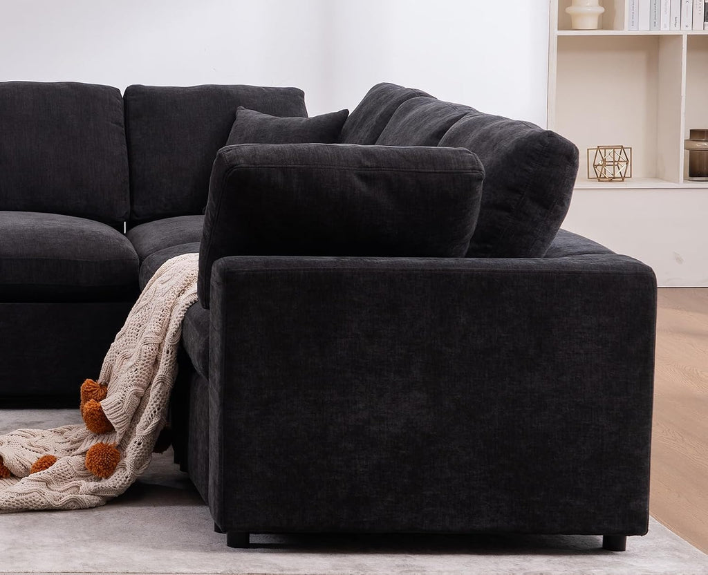 Oversized Modular Sectional Sofa Couch, Large 7 Seater Corner Sofa Modern U Shaped Sectional Couch with Ottoman Cloud Couches for Living Room, Office, Spacious Space, Black