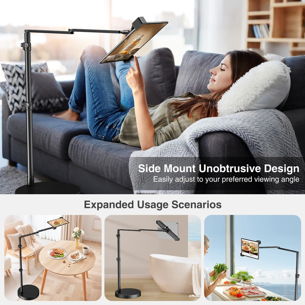 elitehood Diagonal Design iPad Floor Stand with Heavy Duty Base, 24in Horizontal Long Arm Tablet Floor Stand Holder for Bed Recliner Sofa, Compatible with iPad mini Air Pro 13/12.9 and 9-14in Devices